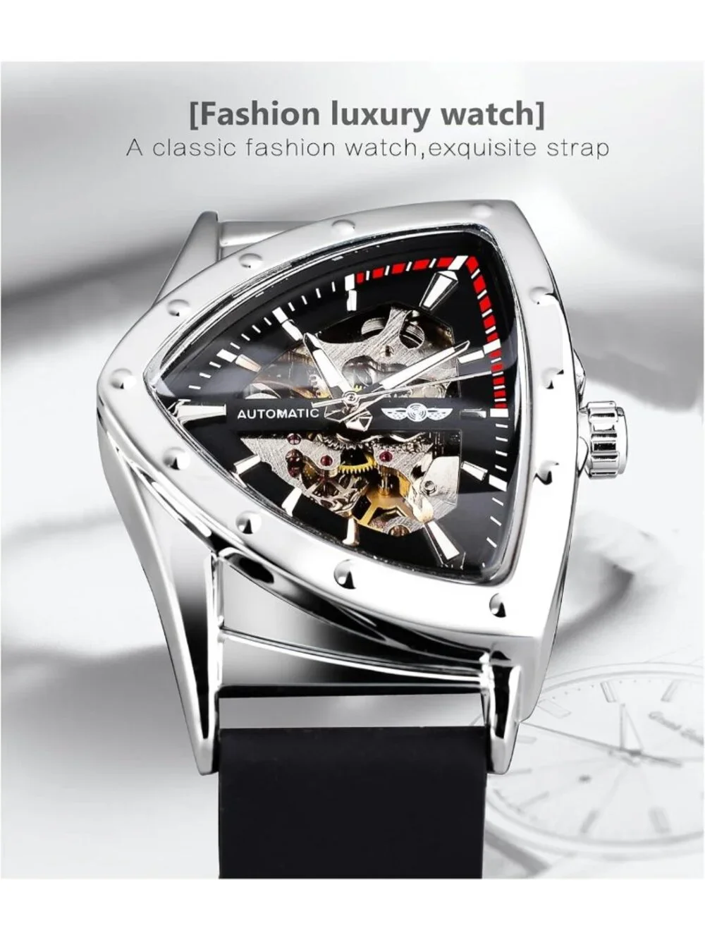 Men's Skeleton Automatic Watch, Luminous Triangle Dial, Stainless Steel or